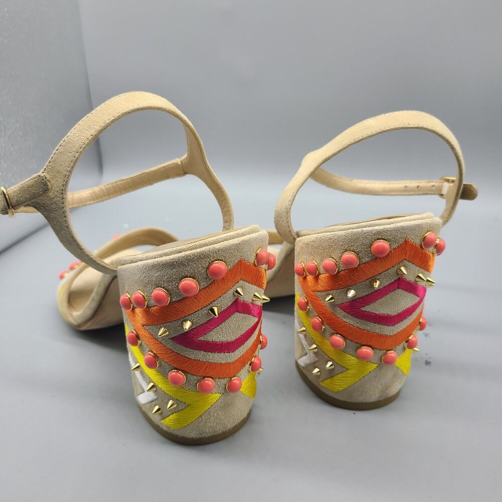 Stuart Weitzman Both Sandal chunky Heel Ankle Straps beige embellished Sz 8 - Picture 6 of 9